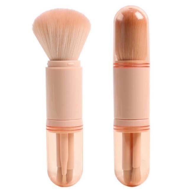 Compact set of makeup brushes in a beige capsule