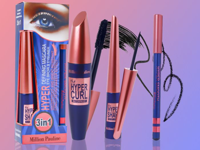 Million Pauline HyperCurl Cosmetic Set 3 in 1 Mascara, Eyeliner, Pencil.