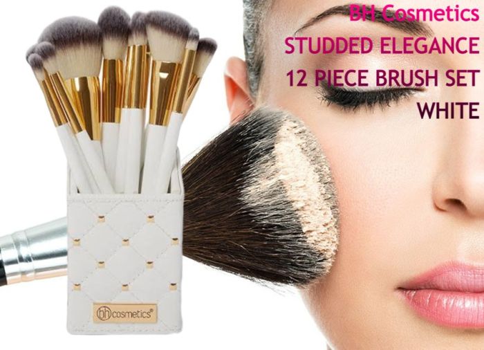 BH Cosmetics White Studded Elegance Makeup Brush Set, 12 Brushes